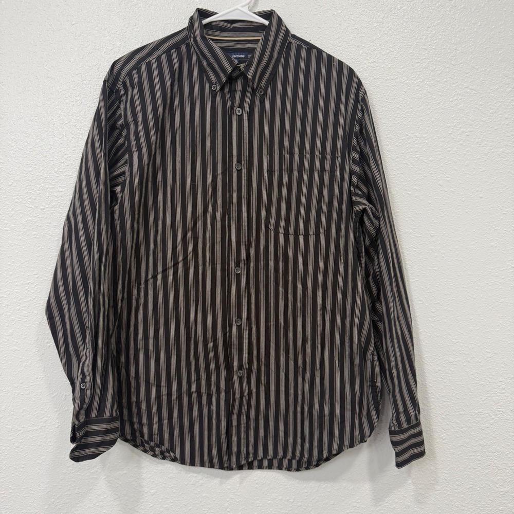 Basic Editions Mens Striped Button Down‎ Shirt Black Tan Long Sleeve Medium